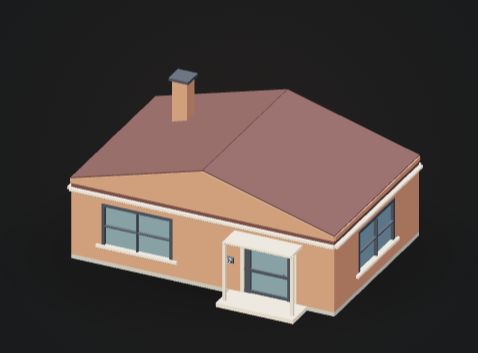 A terracotta garden cottage generated in Lowpoly, with a pitched roof, porch, chimney and shutters