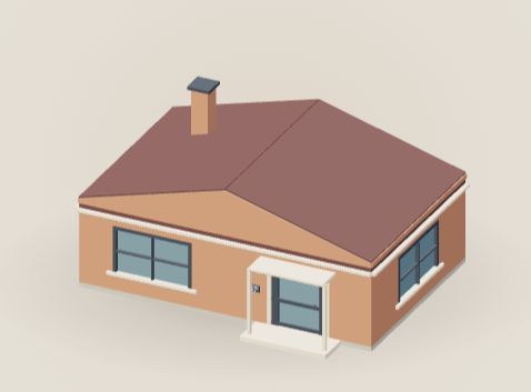 A terracotta garden cottage generated in Lowpoly, with a pitched roof, porch, chimney and shutters